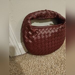 Brand New Woven Faux Leather Maroon Handbag with Gold Zipper